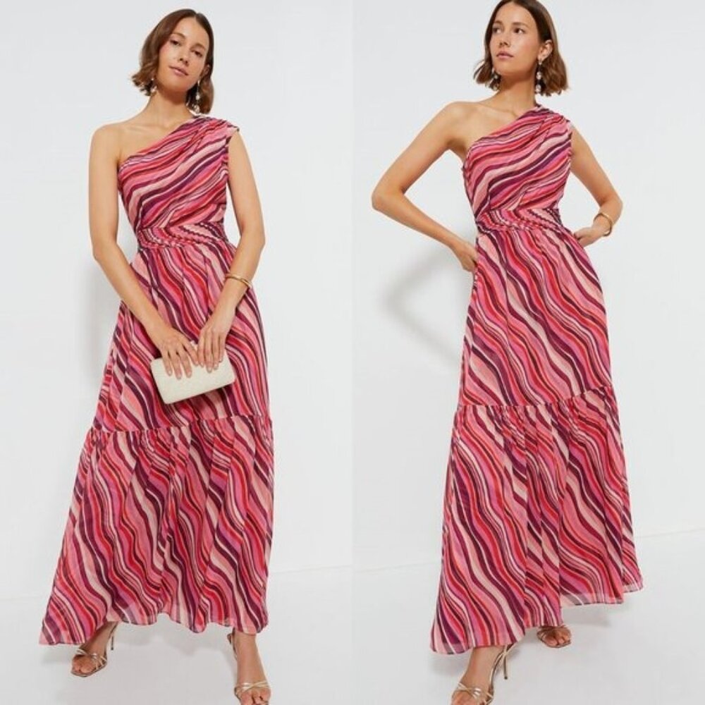 Tuckernuck One-Shoulder Maxi Dress in Pink and Red Wave Print